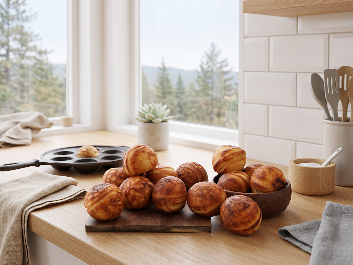 Danish aebleskiver, golden pancake balls dusted with powdered sugar
