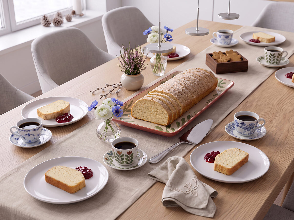 Aunt Harriet&rsquo;s cinnamon-spiced almond cake, dusted with sugar on the holiday table