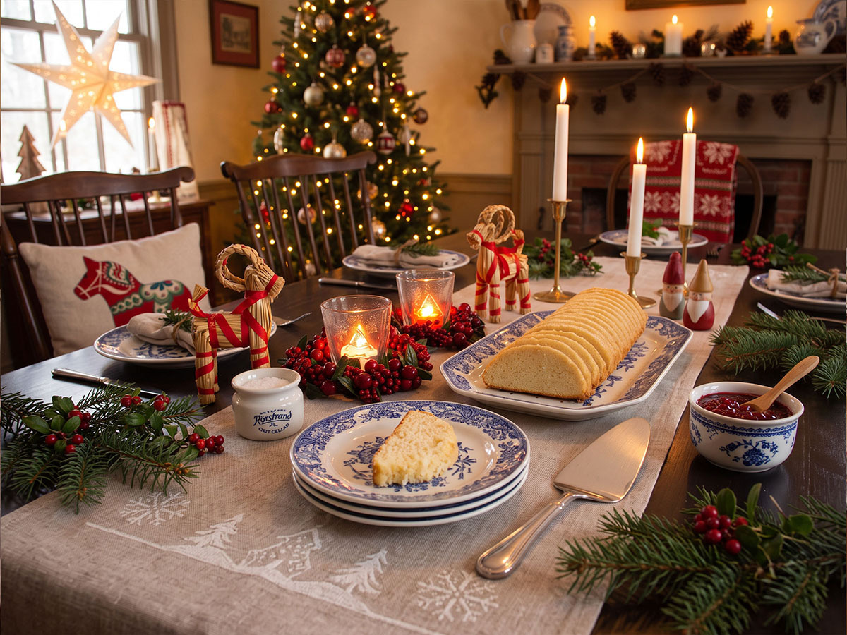 Mrs. Olson&rsquo;s Swedish almond cake, the original family recipe, dusted with confectioners&rsquo; sugar
