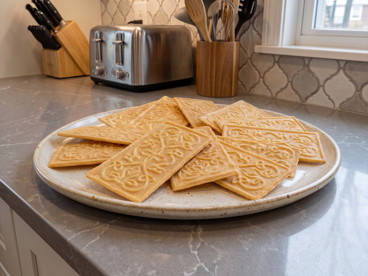 Goro, thin patterned Norwegian Christmas cookies stacked on a plate